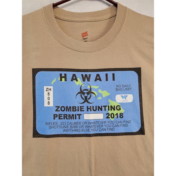 NWOT Hanes men's brown Hawaii Zombie Permit logo shirt, sz L - Picture 2 of 4